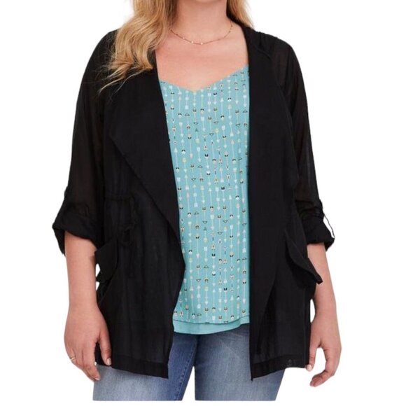 Torrid Black Voile Drape Front Jacket Women's Plus Size 4 4X Sheer Hooded Hood - Picture 2 of 16